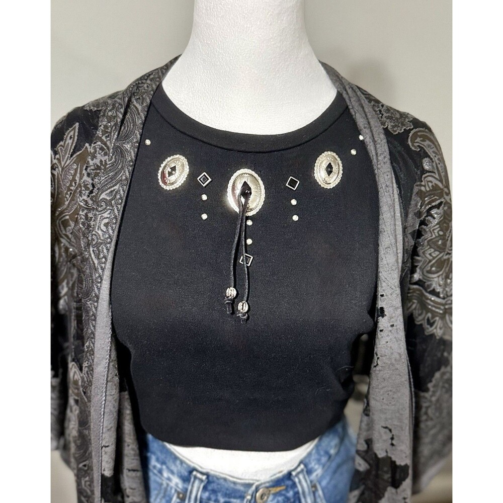 80’s/Vtg  Black Western SS Tee W/Silver/leather Conchos By City Girl Sz Med